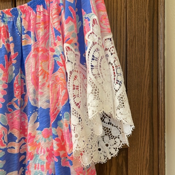 Lilly Pulitzer Zaylee Off Shoulder Blouse Top Lace Sleeve Elastic Neck Medium - Picture 7 of 10